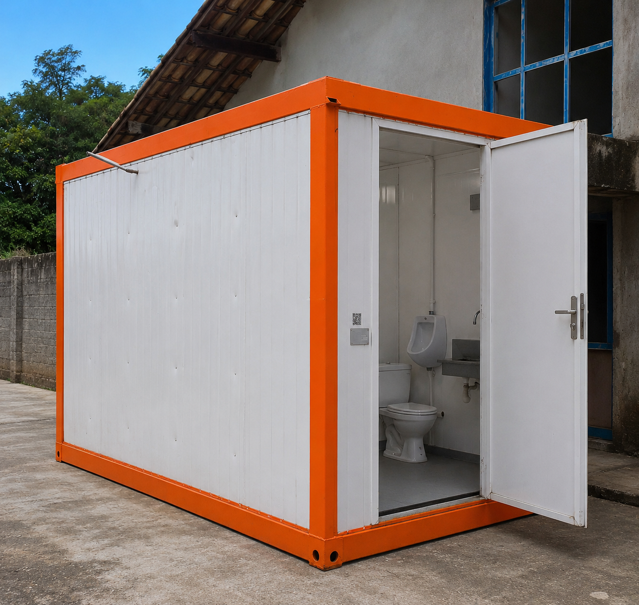 Container banheiro portátil branco e azul