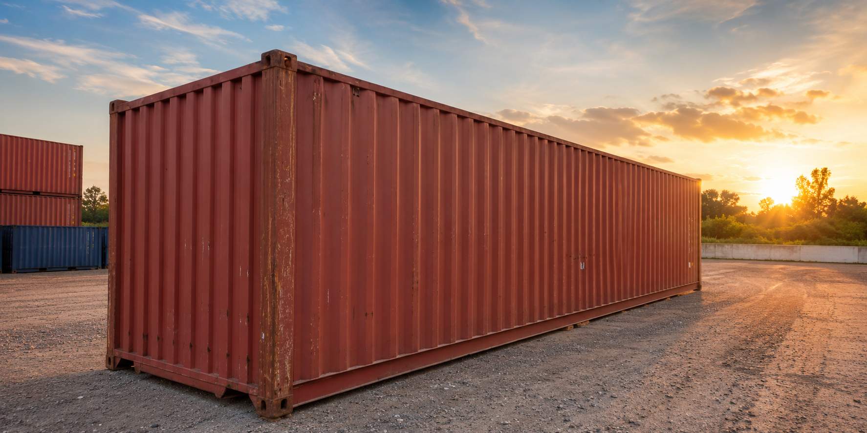 Container marítimo azul em pátio